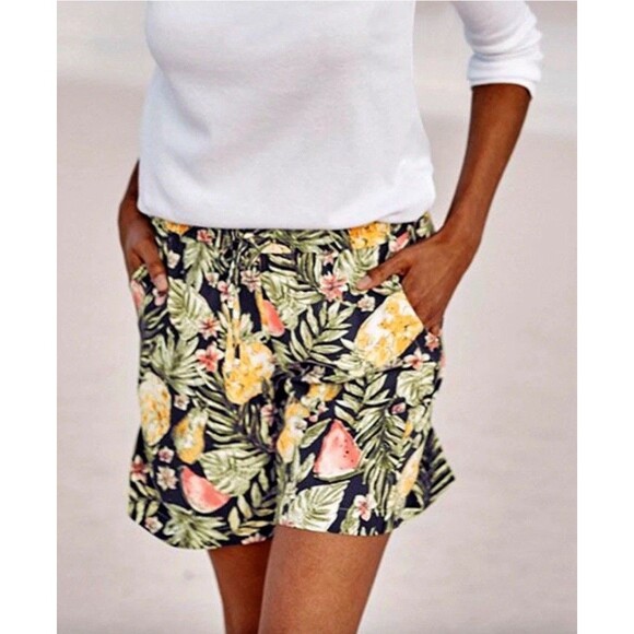 J.Jill Rayon Tropical Fruit Elastic Tie-Waist Shorts Size Large - Picture 1 of 8